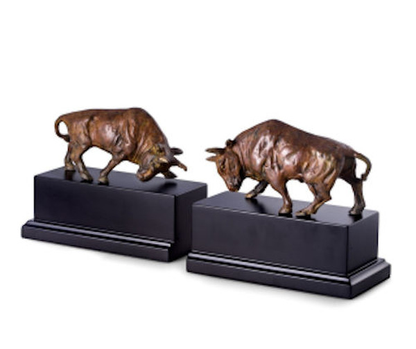 Double Bull Brass Wood Bookend Statues high-end stock market office